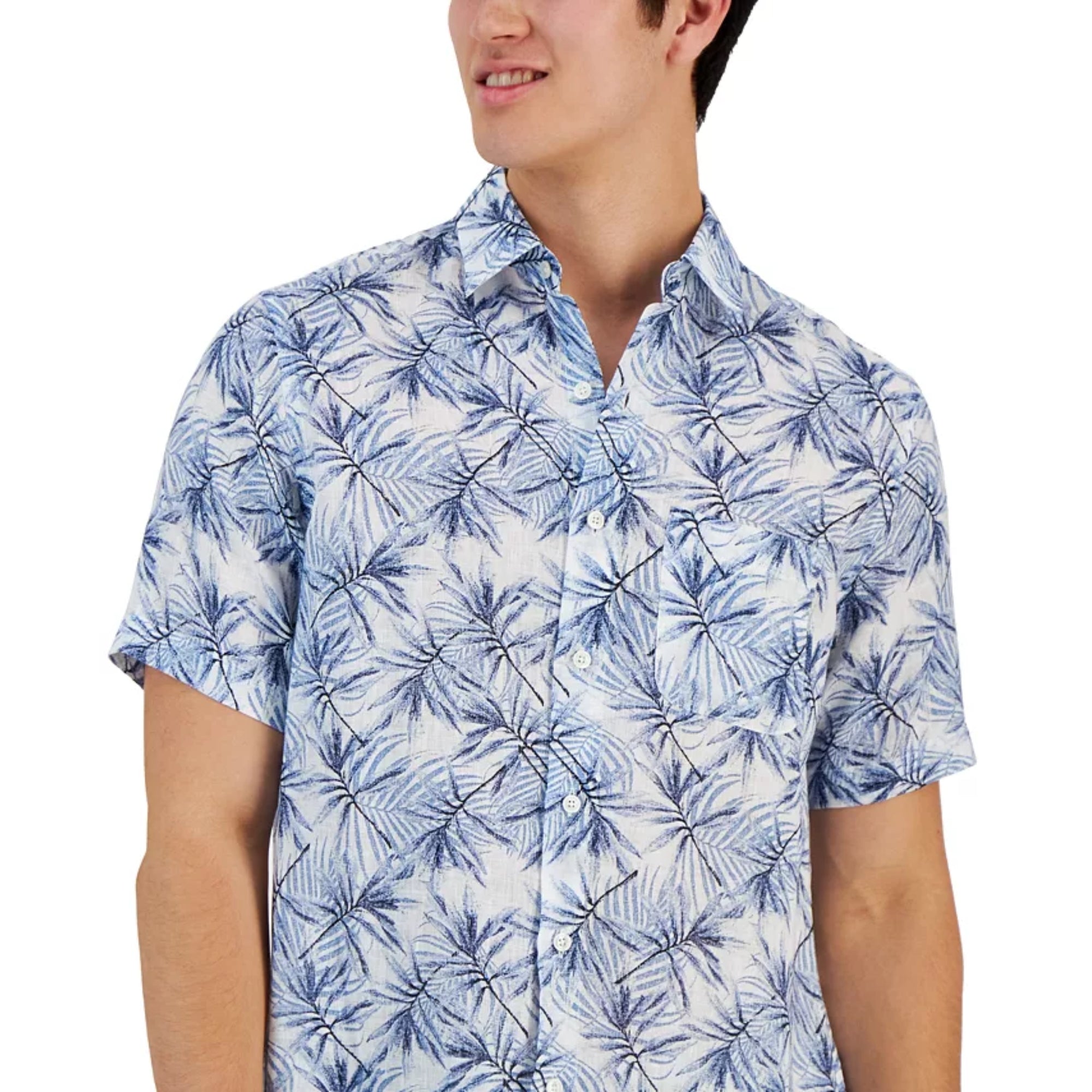 Club Room Men's Classic-Fit Leaf Print Linen Short-Sleeve Shirt, Blue - Size Small