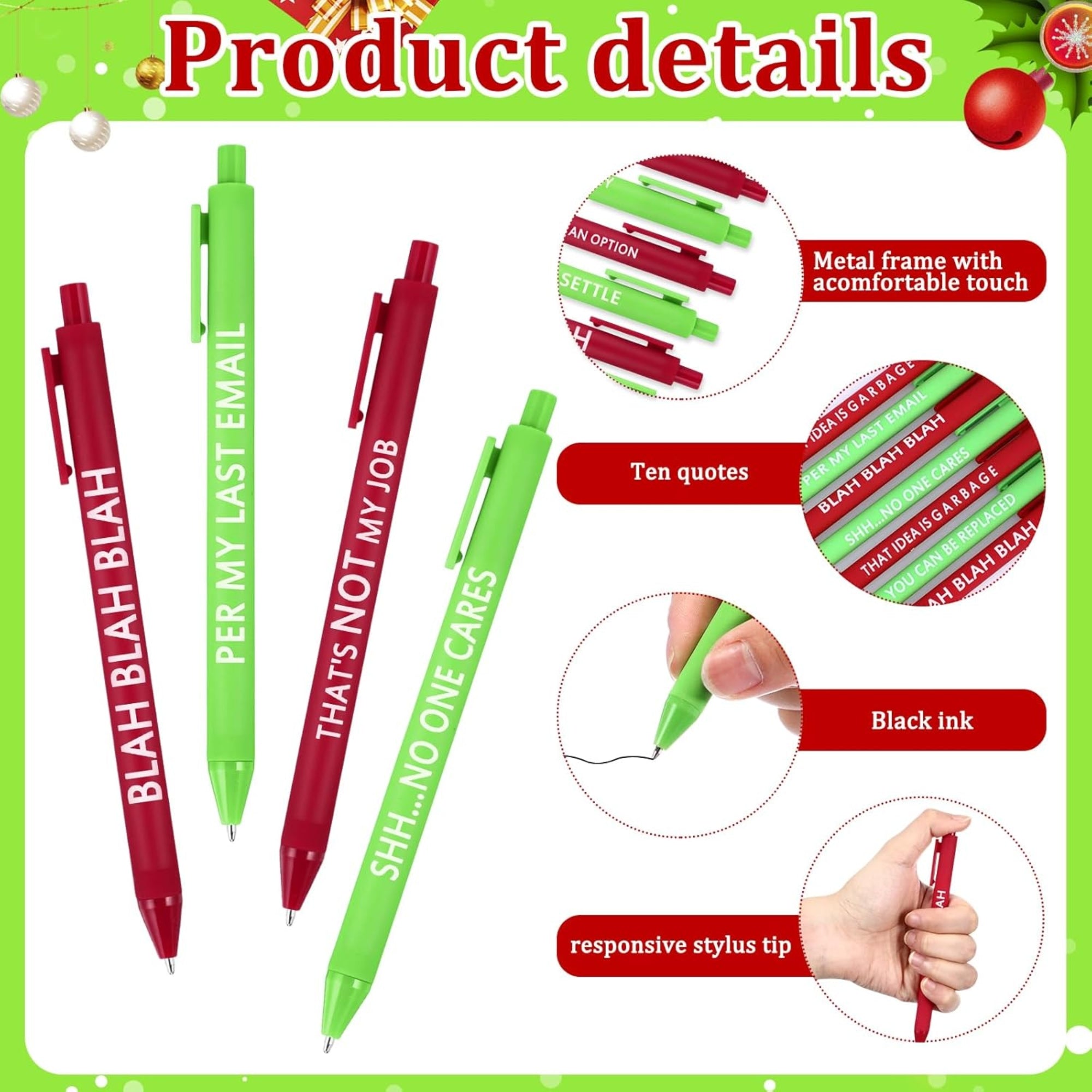 Geyoga 50-Pack Christmas Funny Pens – Snarky & Sarcastic Ballpoint Pens with Negative Quotes, Green & Red