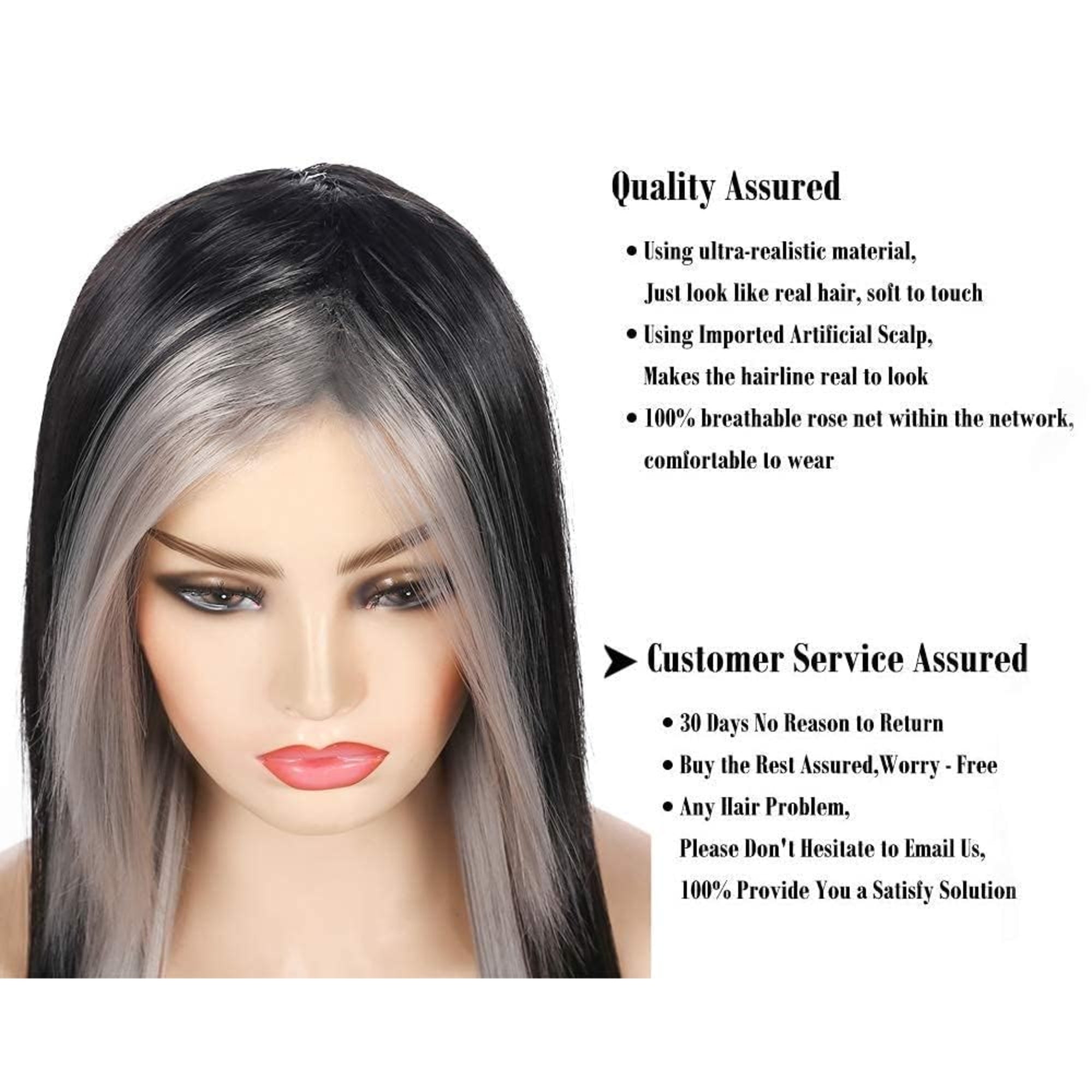 Baruisi Long Black & Grey Wig – Silky Straight Synthetic Costume Wig with Side Bangs, Heat Resistant