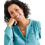 Style & Co Women's Cotton Embroidered Split-Neck Gauze Blouse – Med Blue, Petite XL