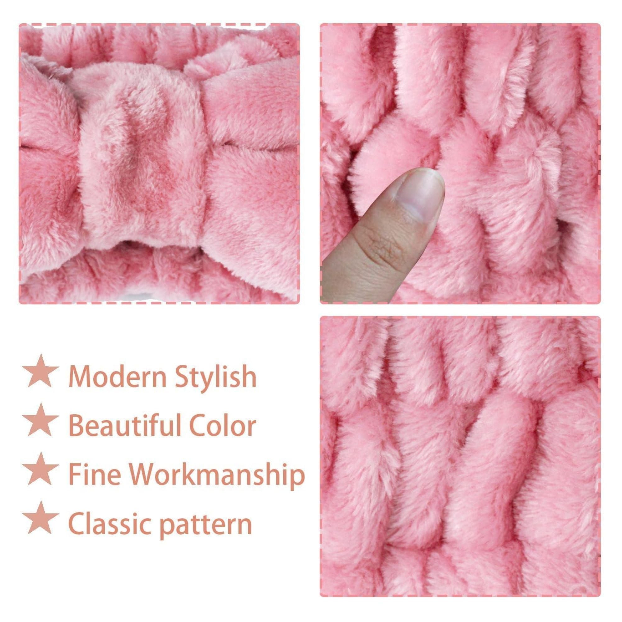 LAPOHI 3-Piece Spa Headband & Wristband Set – Fluffy Pink Skincare Accessories with Bow for Women & Girls