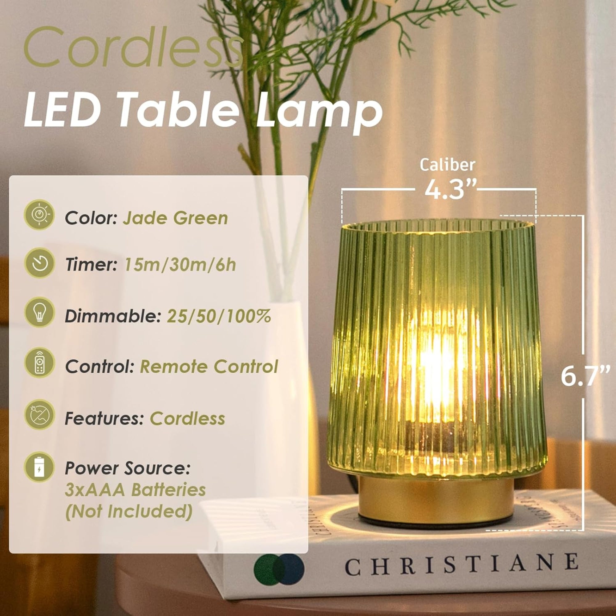 ULAROOM Battery Operated Lamp with Remote – Cordless, Dimmable Table Lamp with Timer – Forest Green / Gold