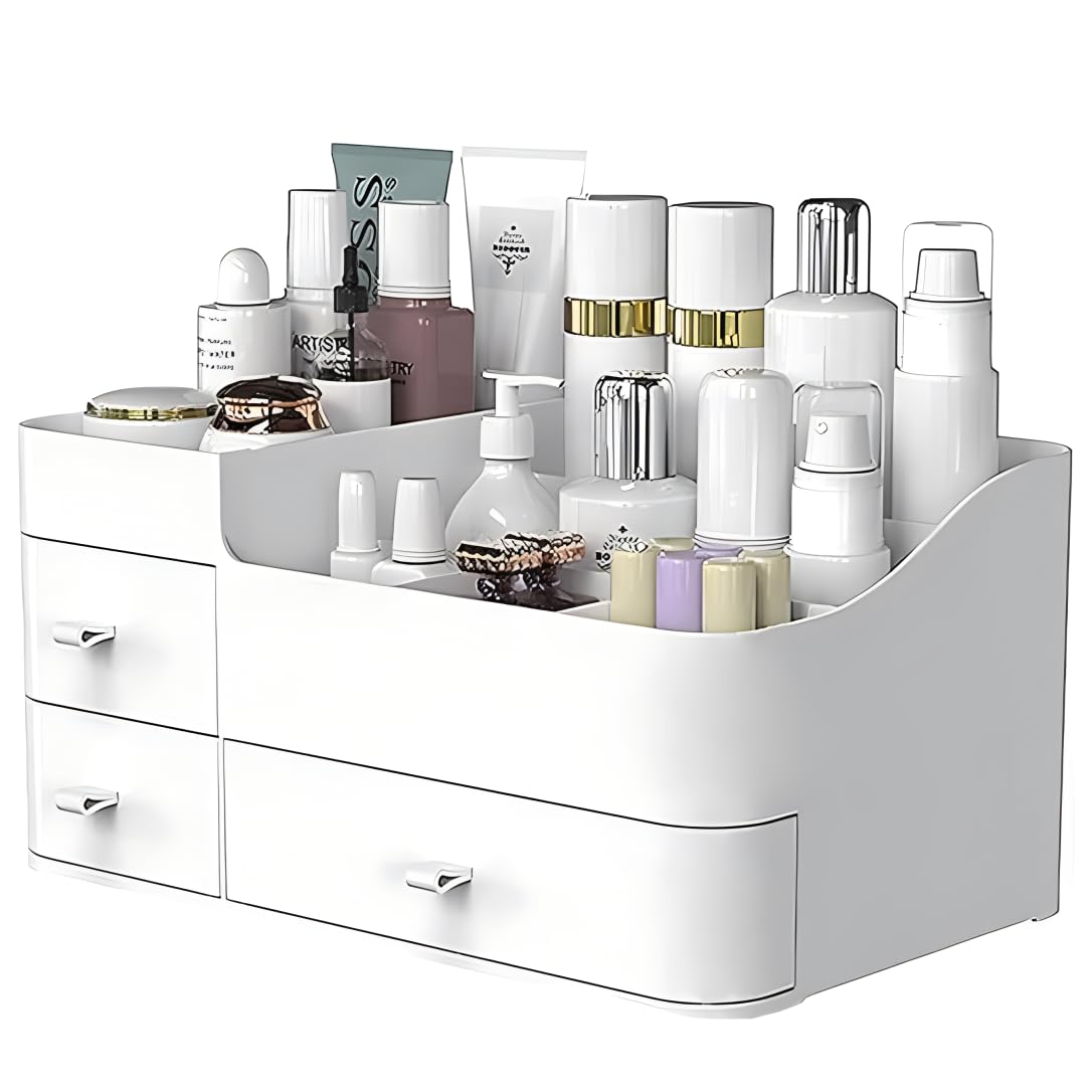 ONXE Large Capacity Makeup Organizer with Drawers – Waterproof Countertop Vanity Storage for Bathroom, Bedroom, and Desk – White