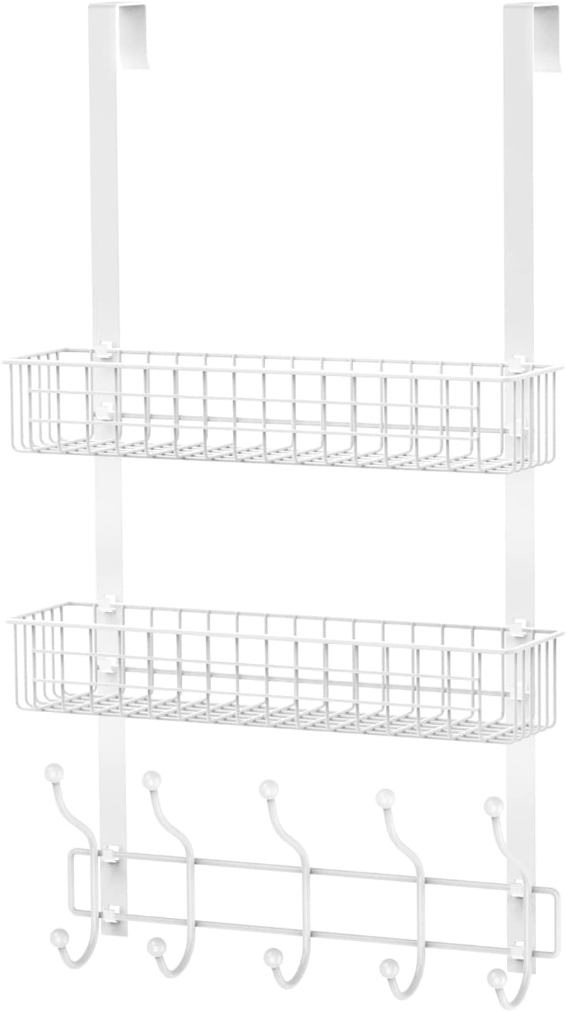 Coat Rack – Over-the-Door Hanger with Mesh Basket & Detachable Storage Shelf for Towels, Hats, Handbags, Coats