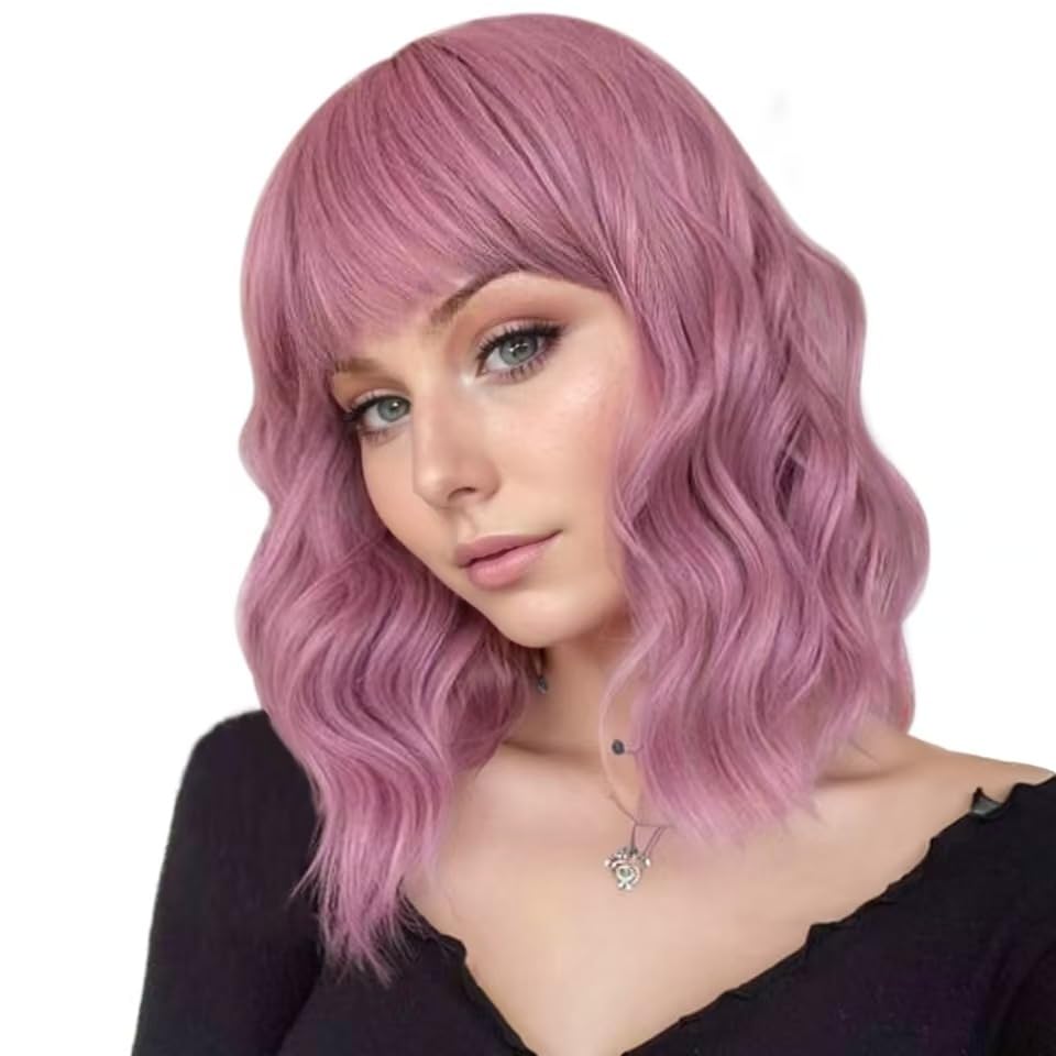 VCKOVCKO Short Pastel Wavy Bob Wig with Air Bangs – Purple Pink Synthetic Shoulder-Length Wig