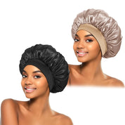 2Pcs Silk Bonnet for Sleeping – Satin Hair Bonnets with Soft Elastic Band, Sleep Cap Hair Wrap for Women (Black/Gold)