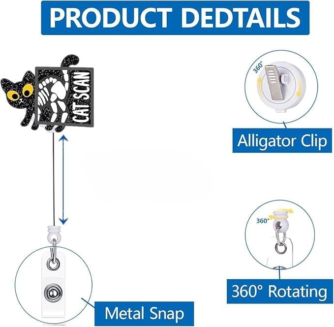 Ekrecion Cat Scan Black Glitter Retractable Badge Reel – Funny Cat ID Clip for Nurses, Office Workers, and Cat Lovers