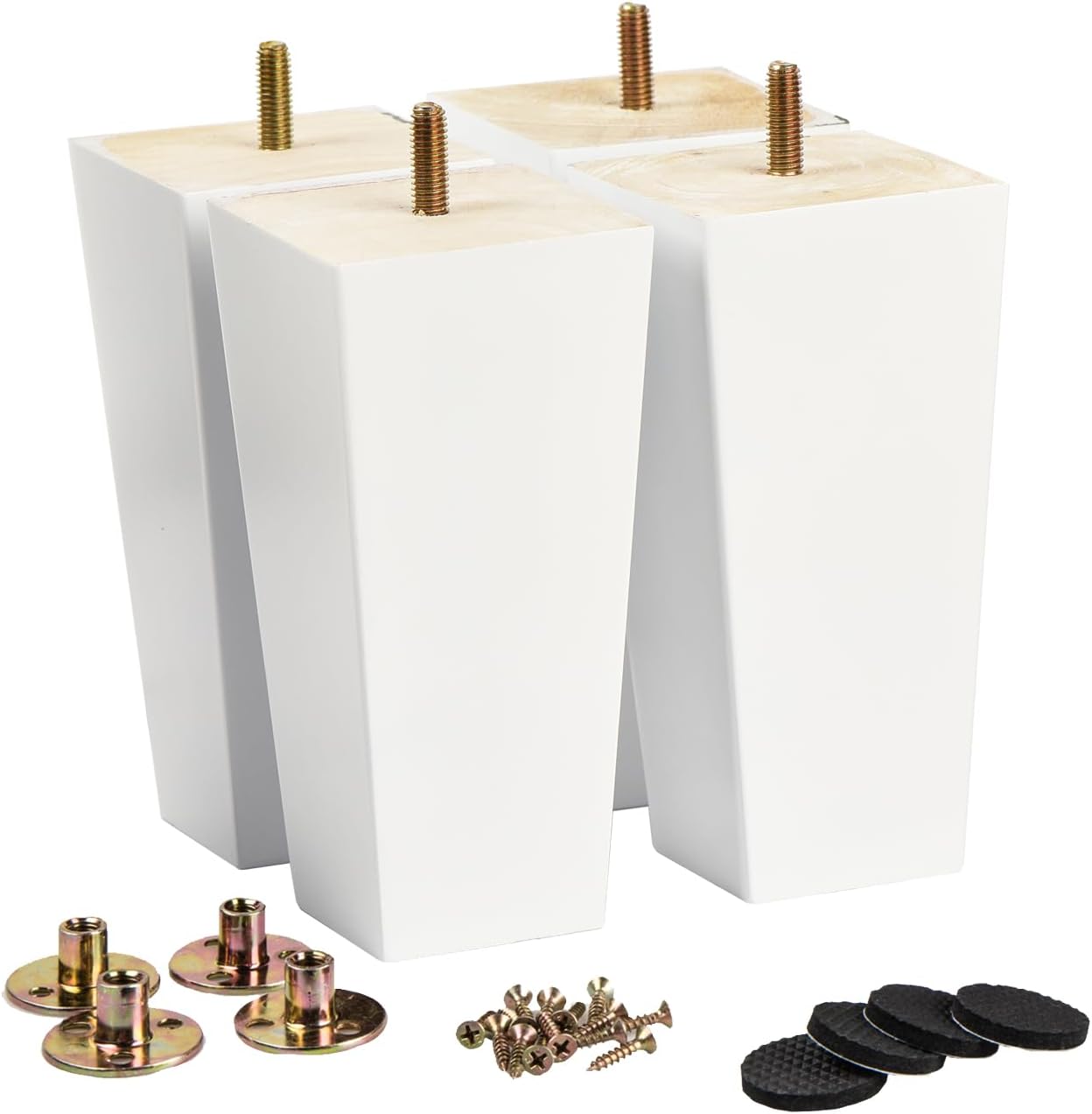 6-Inch Wooden Furniture Legs – Set of 4 – Solid Wood Square Bun Feet – White Mid-Century Modern Style