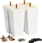 6-Inch Wooden Furniture Legs – Set of 4 – Solid Wood Square Bun Feet – White Mid-Century Modern Style
