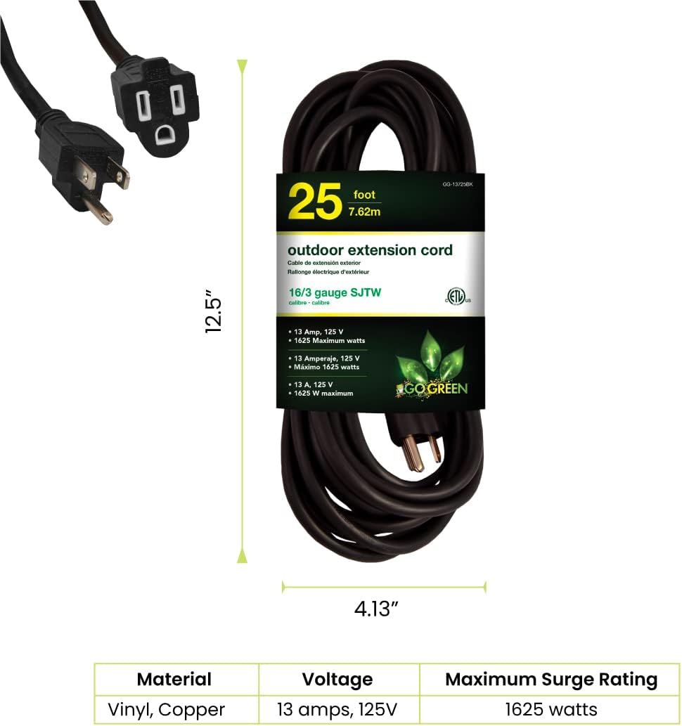 GG-13725BK 25 Ft. 16/3 Heavy Duty Extension Cord - Black Pack of 6