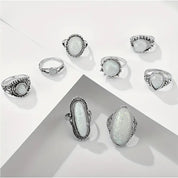 8 Piece Women's Gemstone-Like Bohemian Ring Set, Opal - Various Sizes