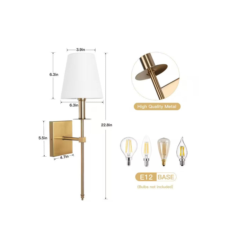 Bathroom Wall Lights (2 Pack) Modern Gold Sconce with White Fabric Shade