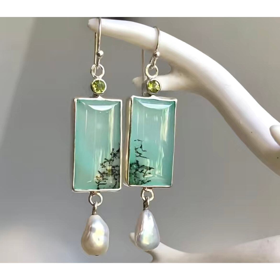 3-Pack Bundle – Vintage Boho Dangle Earrings Set: Blue Stone, Opal Pearl-Like, & Wooden Sunflower Carved Gems – Drop Style