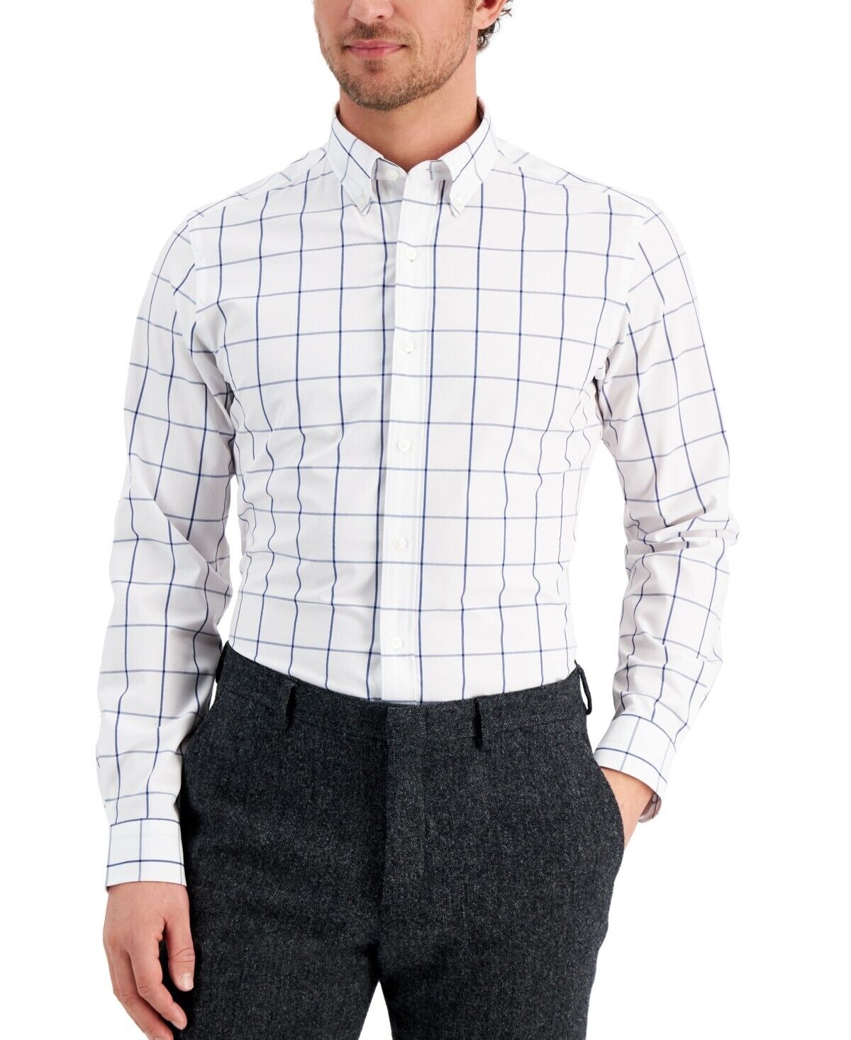 Club Room Men's Windowpane Button Down Dress Shirt, White - Small