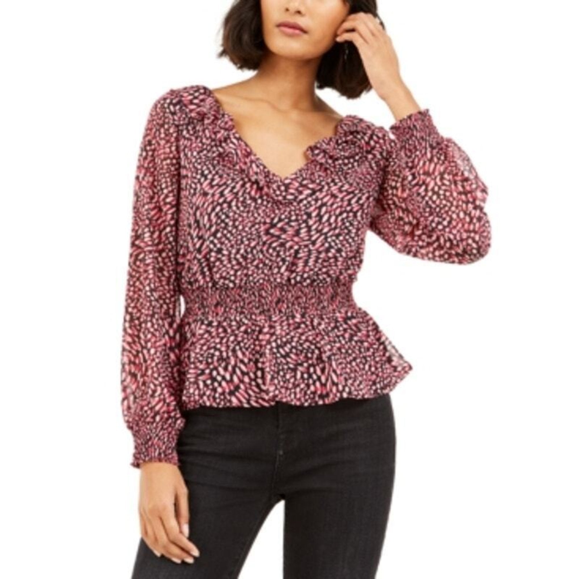 Bar III Women's Ditsy-Print Low-Back Ruffled Long Sleeve Top