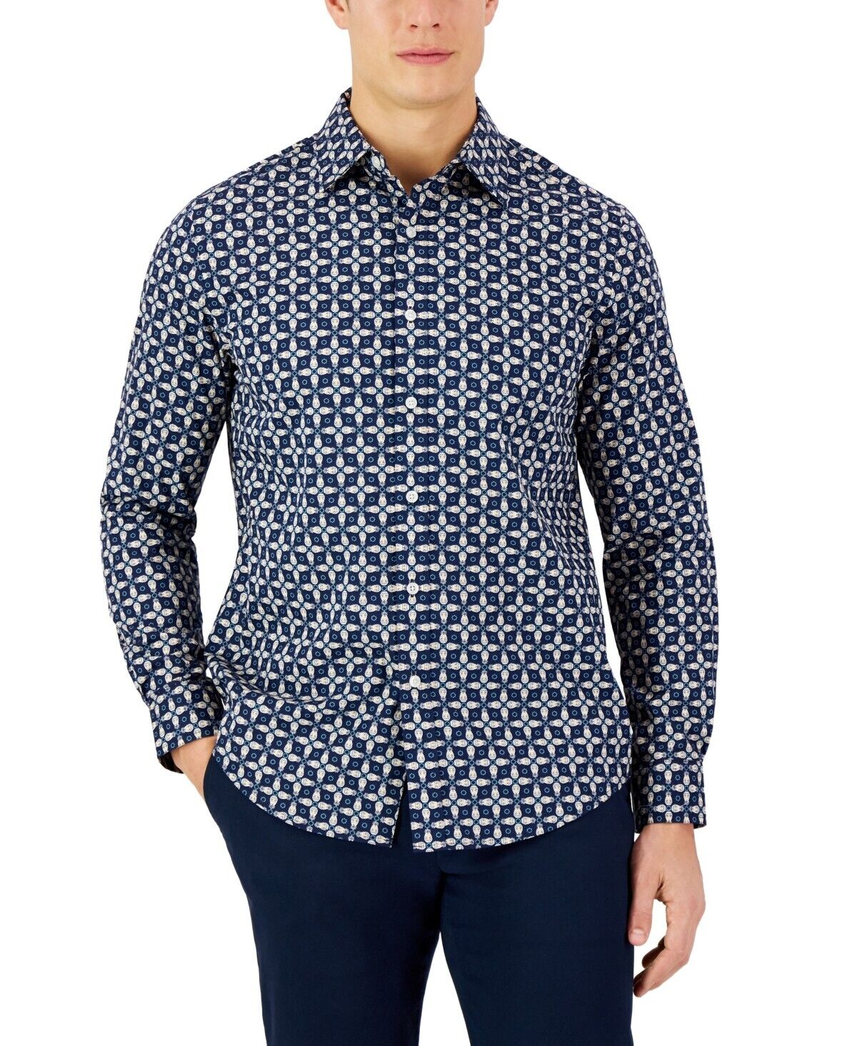 Club Room Men's Long-Sleeve Pineapple Woven Shirt, Blue - 2XL
