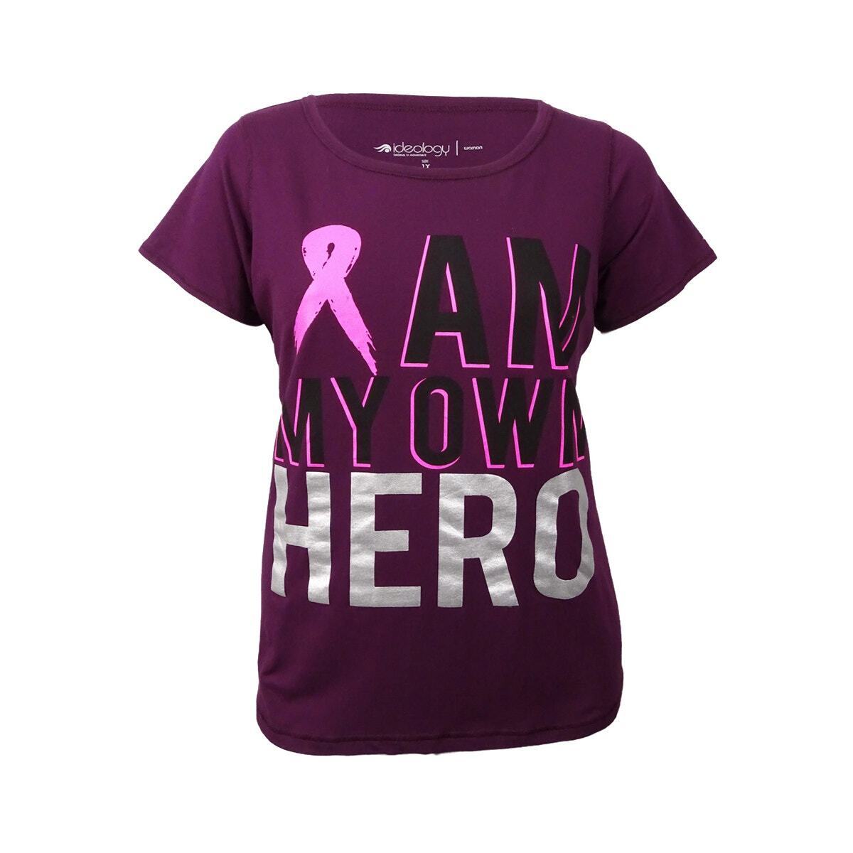 Ideology Cancer Survivor Woman's Purple Casual Tee, Pink Ribbon Shirt - Size 1X Plus