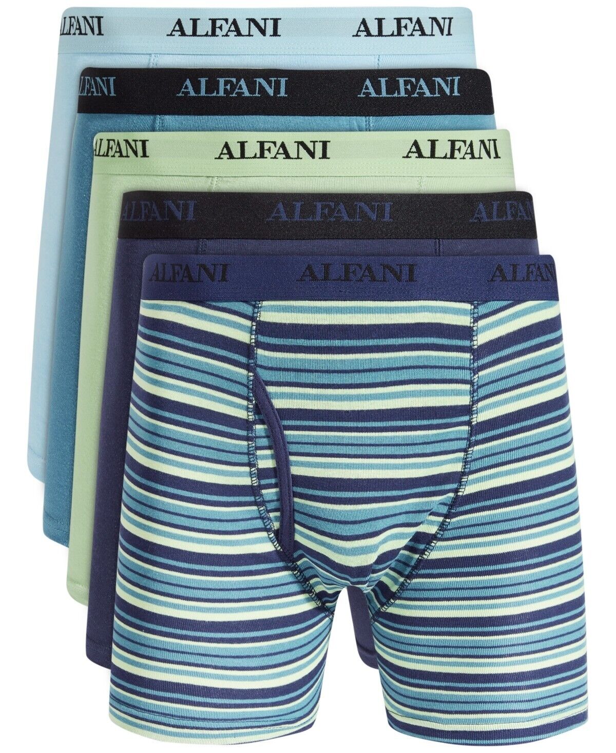 Alfani Men's 5-Pack Stripe and Solid Boxer Briefs, Moisture-Wicking - Mint/Navy