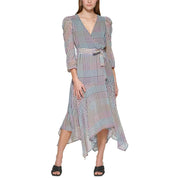 Calvin Klein Printed Puff Shoulder Midi Wrap Dress - Size 12