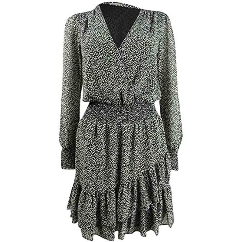 Michael Kors Women's Black Green Floral Print Faux Wrap Dress