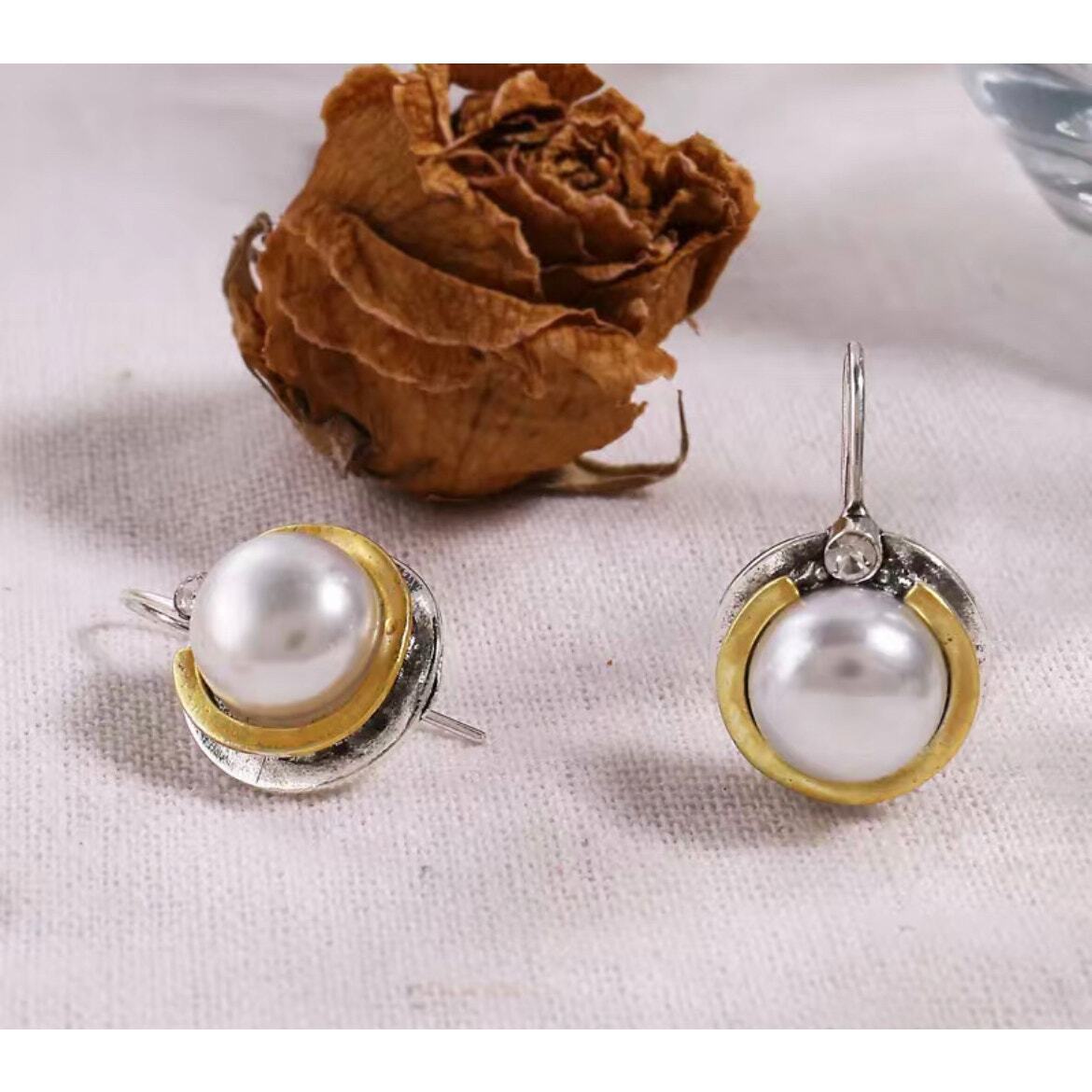 Vintage Boho 925 Silver Plated Pearl Dangle Earrings