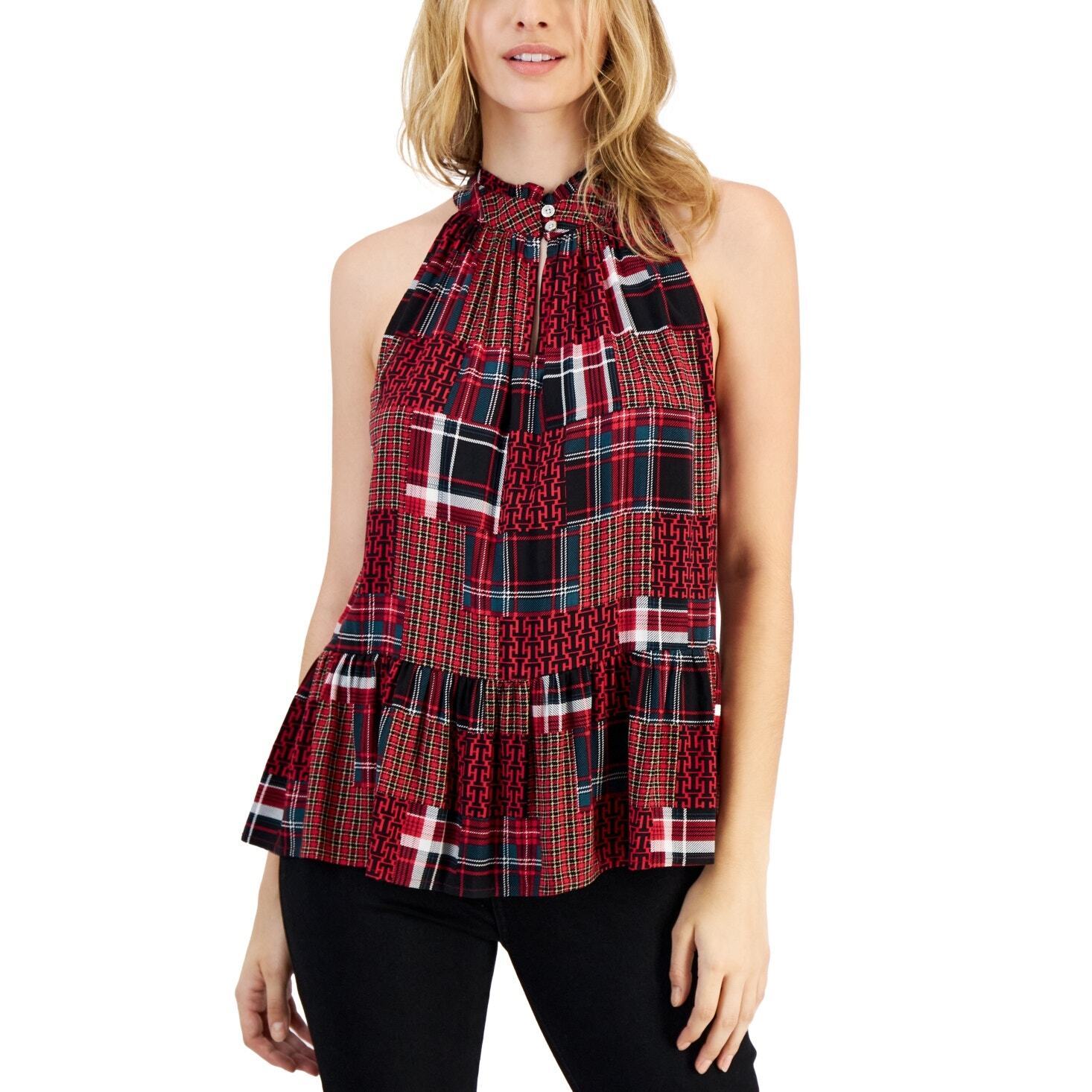 Tommy Hilfiger Women's High-Neck Plaid Peplum Hem Top - Size Large