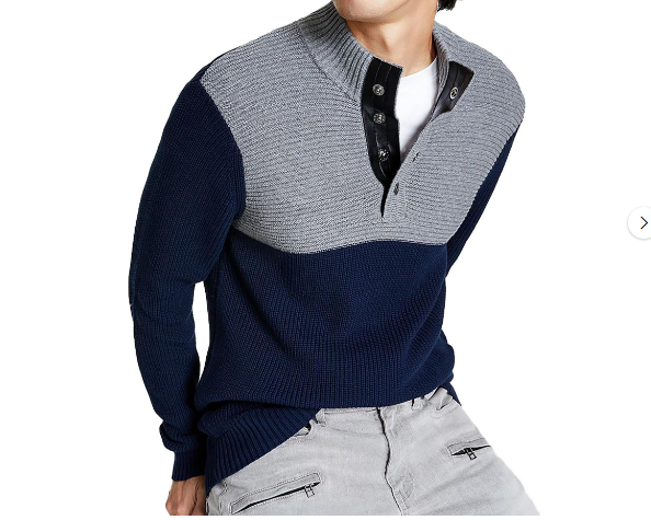 INC International Concepts Men's Mock Neck Sweater Colorblock, Blue - 2XL