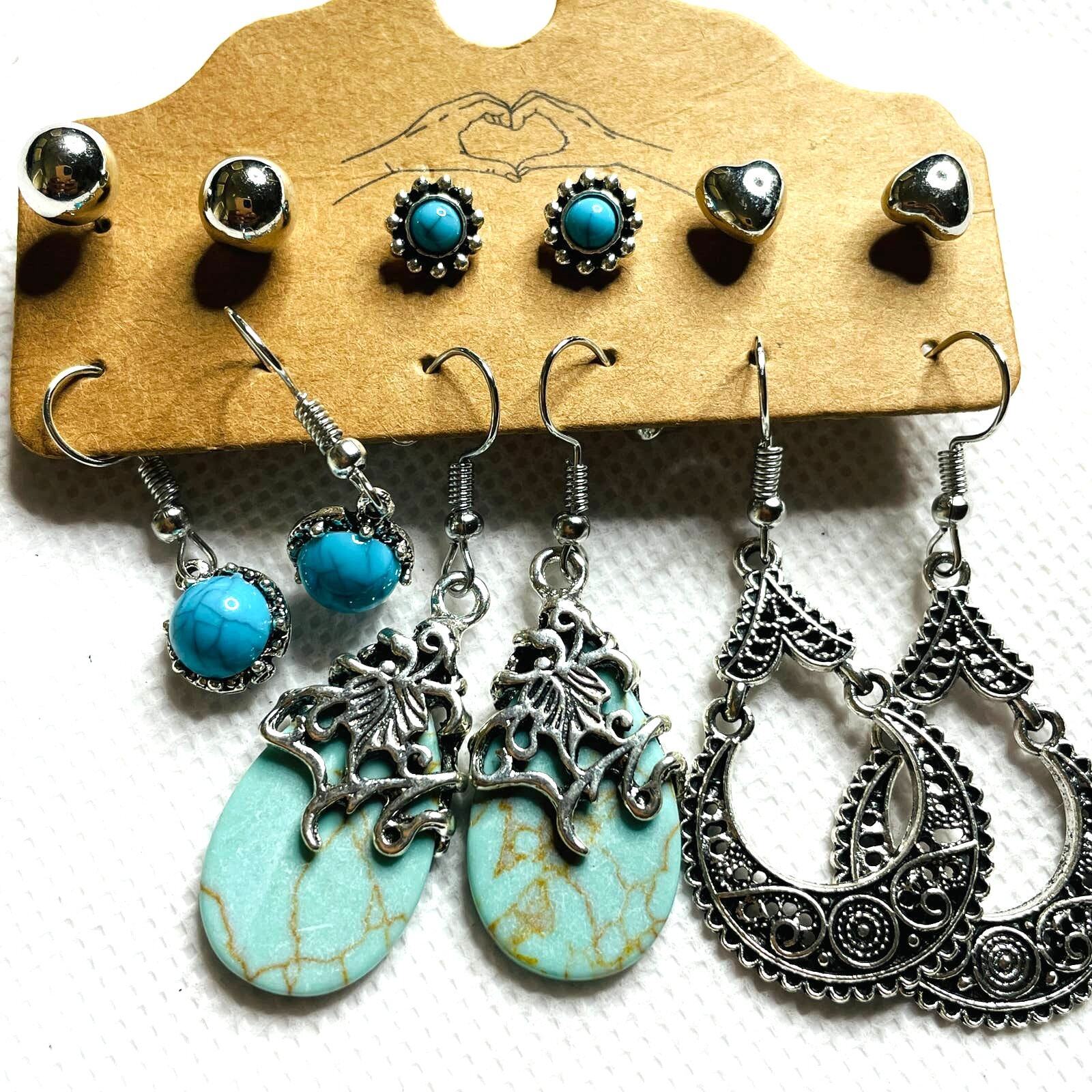 6 Pairs of Bohemian Silver Drop Dangle Pierced Hypoallergenic Earrings