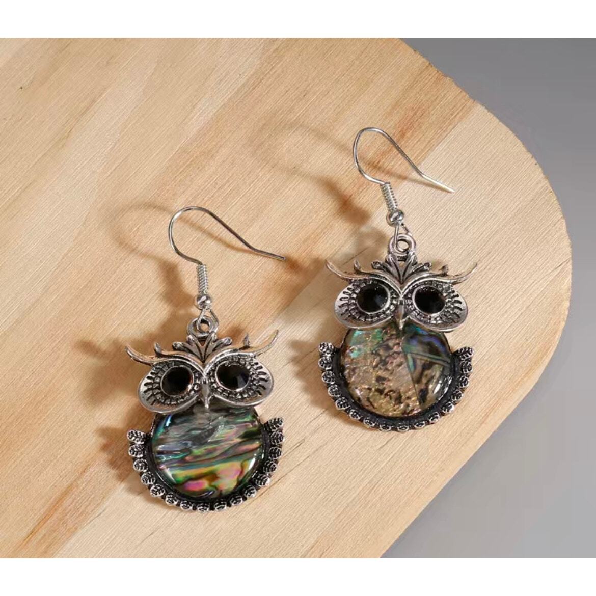 Vintage Bohemian Owl Drop Earrings with Inlaid Faux Gemstone