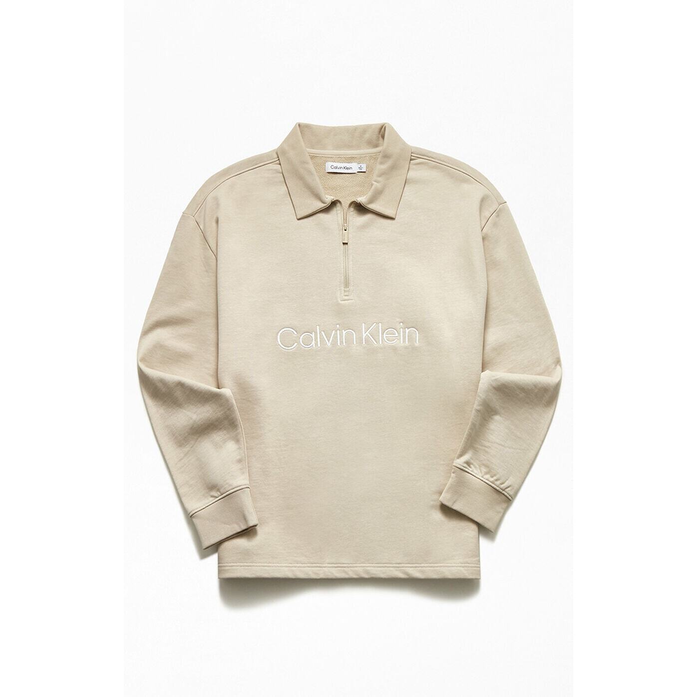 Calvin Klein Men's Relaxed Fit Long Sleeve Polo Shirt, Beige - Medium
