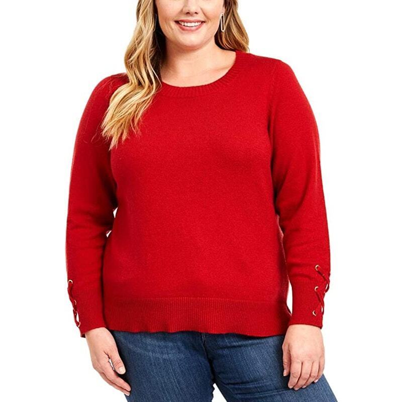Michael Kors Women's Plus Size Ribbed Trim Sweater with Lace-Up Sleeves - Size 3X