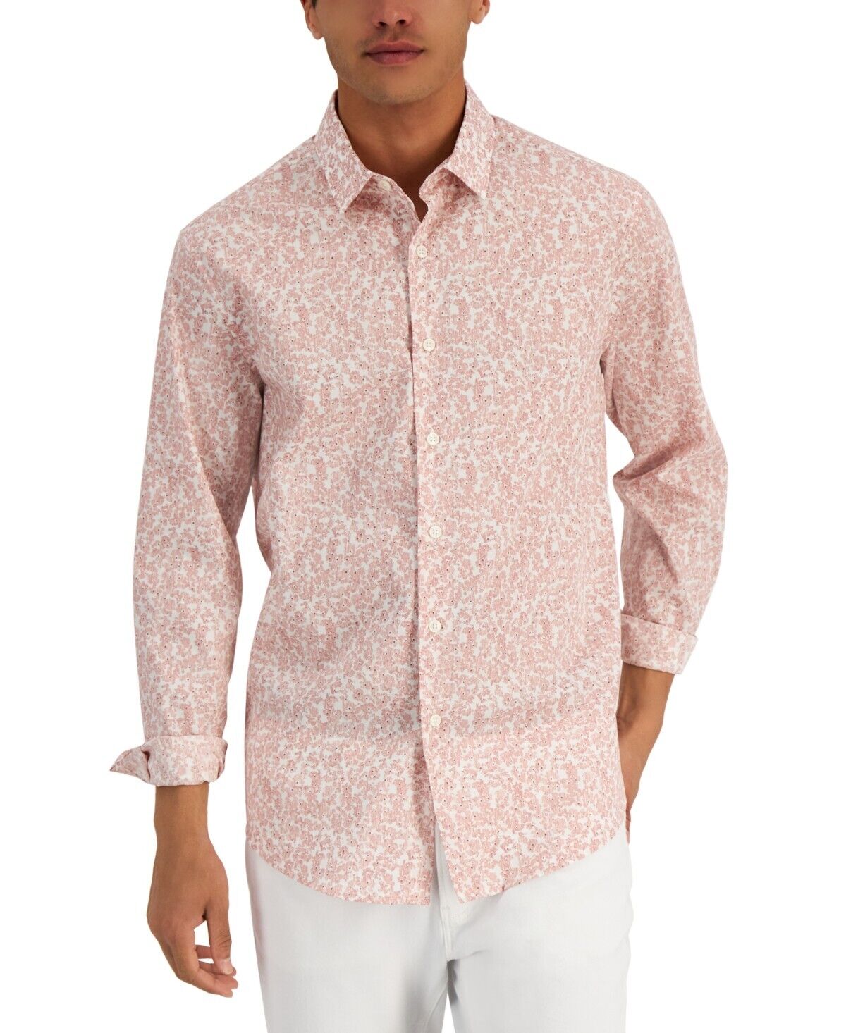 Alfani Men's Floral-Print Button Down Shirt, Pink - Small