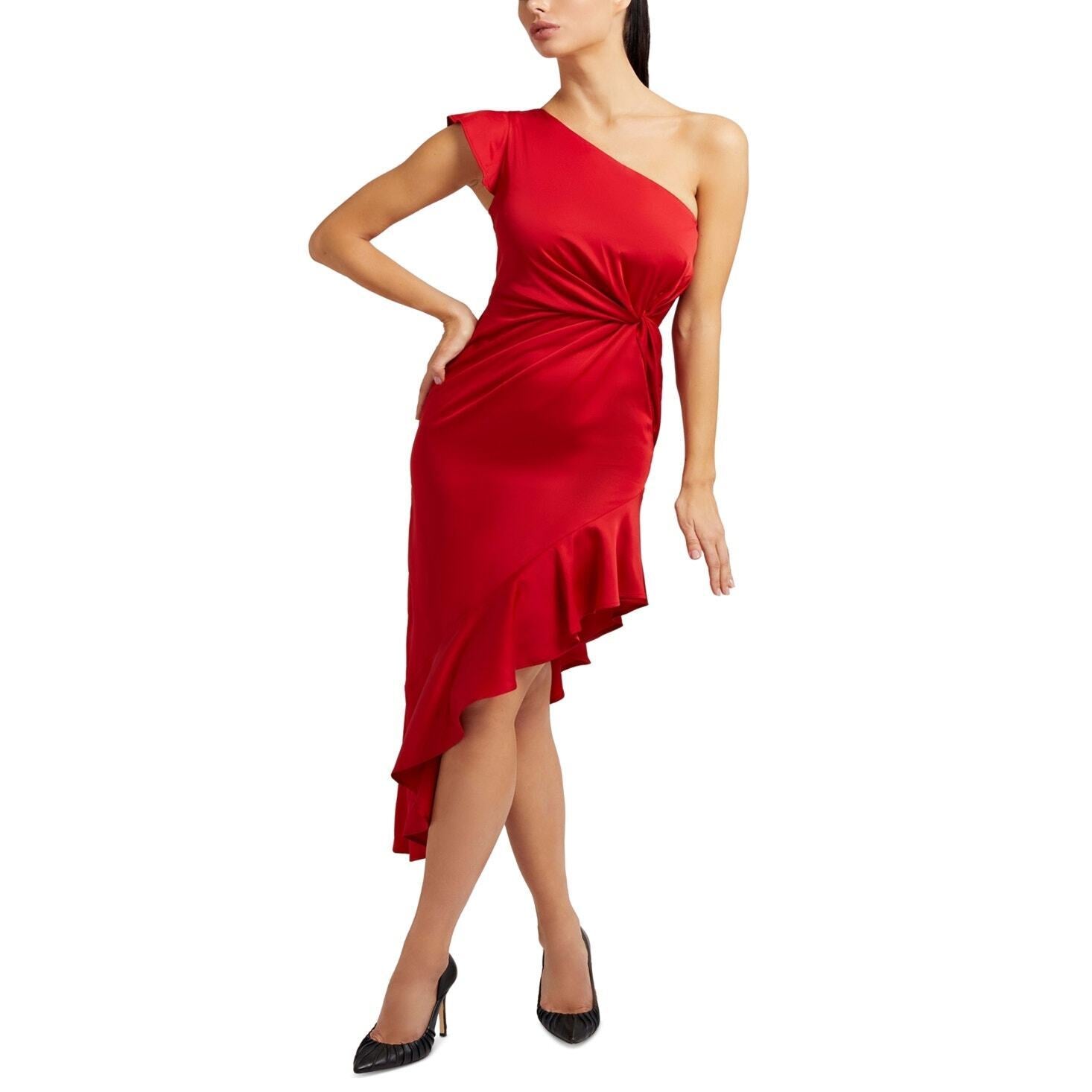 Guess Ava One-Shoulder Asymmetrical Dress in Ruby Red - Size 0