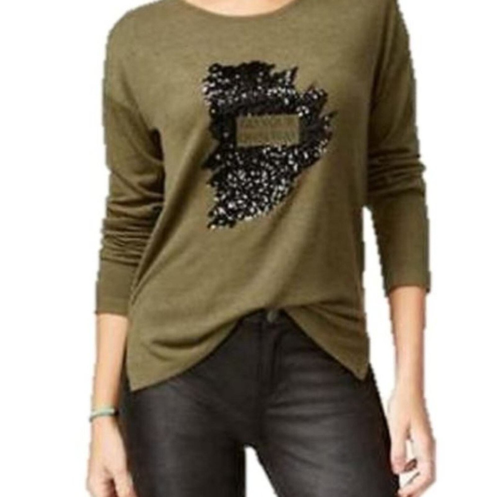 Oh! Mg Women's Green 3/4 Sleeve "Go Your Own Way" Sequined Sweater Top - Size Medium