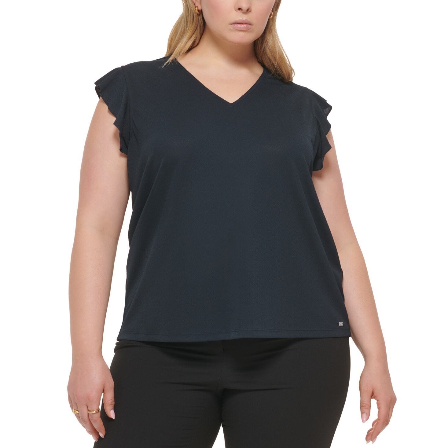 Calvin Klein Plus Size Ruffle-Sleeve V-Neck Top - Size 1X