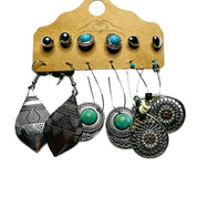 6-Pack Bundle – Bohemian Silver Drop Dangle Earrings with Turquoise Accents – Pierced, Hypoallergenic