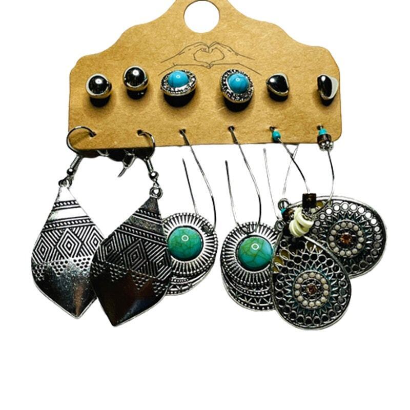 6-Pack Bundle – Bohemian Silver Drop Dangle Earrings with Turquoise Accents – Pierced, Hypoallergenic