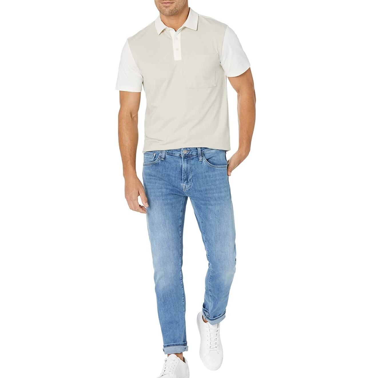 Calvin Klein Mens Colorblock Short Sleeve Polo Shirt, Beige - Medium