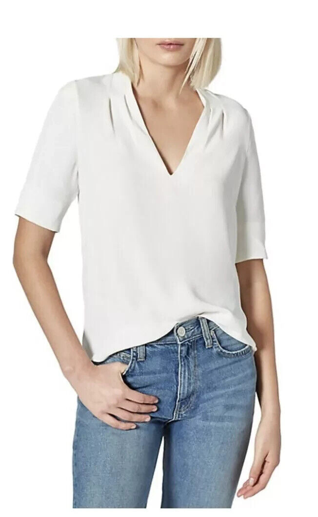 Joie Women’s Classic Short Sleeve Silk Blouse – White, V-Neck Tunic Top