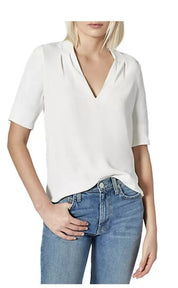Joie Women’s Classic Short Sleeve Silk Blouse – White, V-Neck Tunic Top