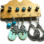 6-Pack Bundle – Bohemian Silver Drop Dangle Earrings with Turquoise Accents – Pierced, Hypoallergenic