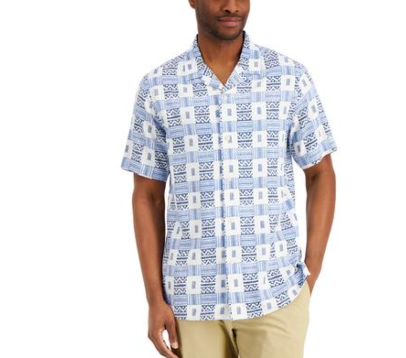 Club Room Men's Tribal Etch Button-Down Shirt, Blue - Medium