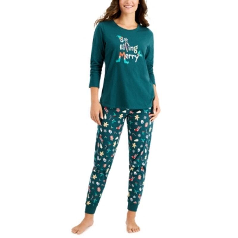 Family PJs Women's Matching 'So Elfing Merry' Pajama Set Green Medium