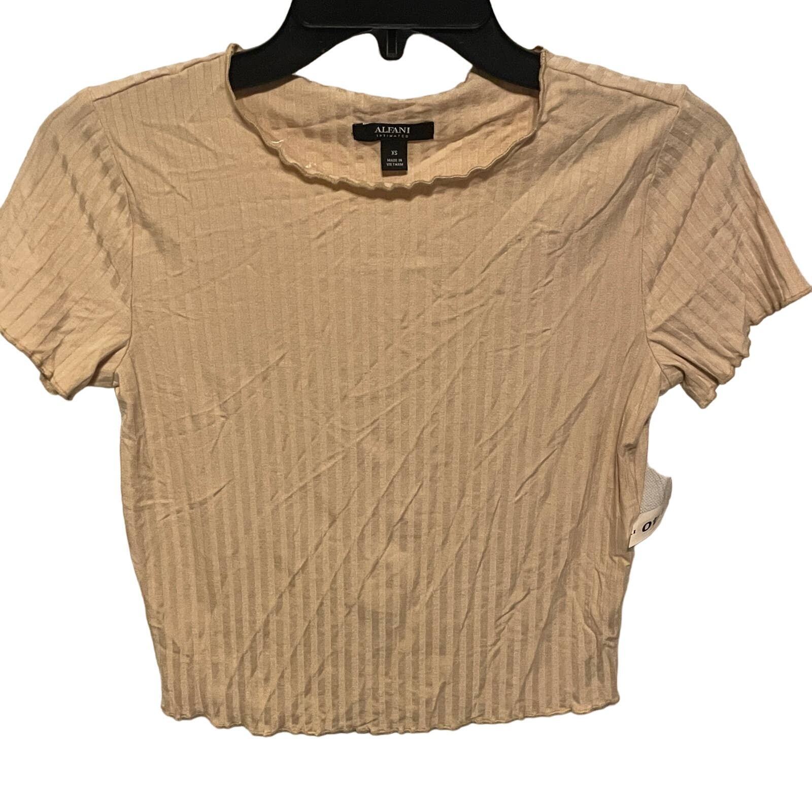 Alfani Intimates Womens Ribbed Cropped Pajama Top Stretchy Tan XS