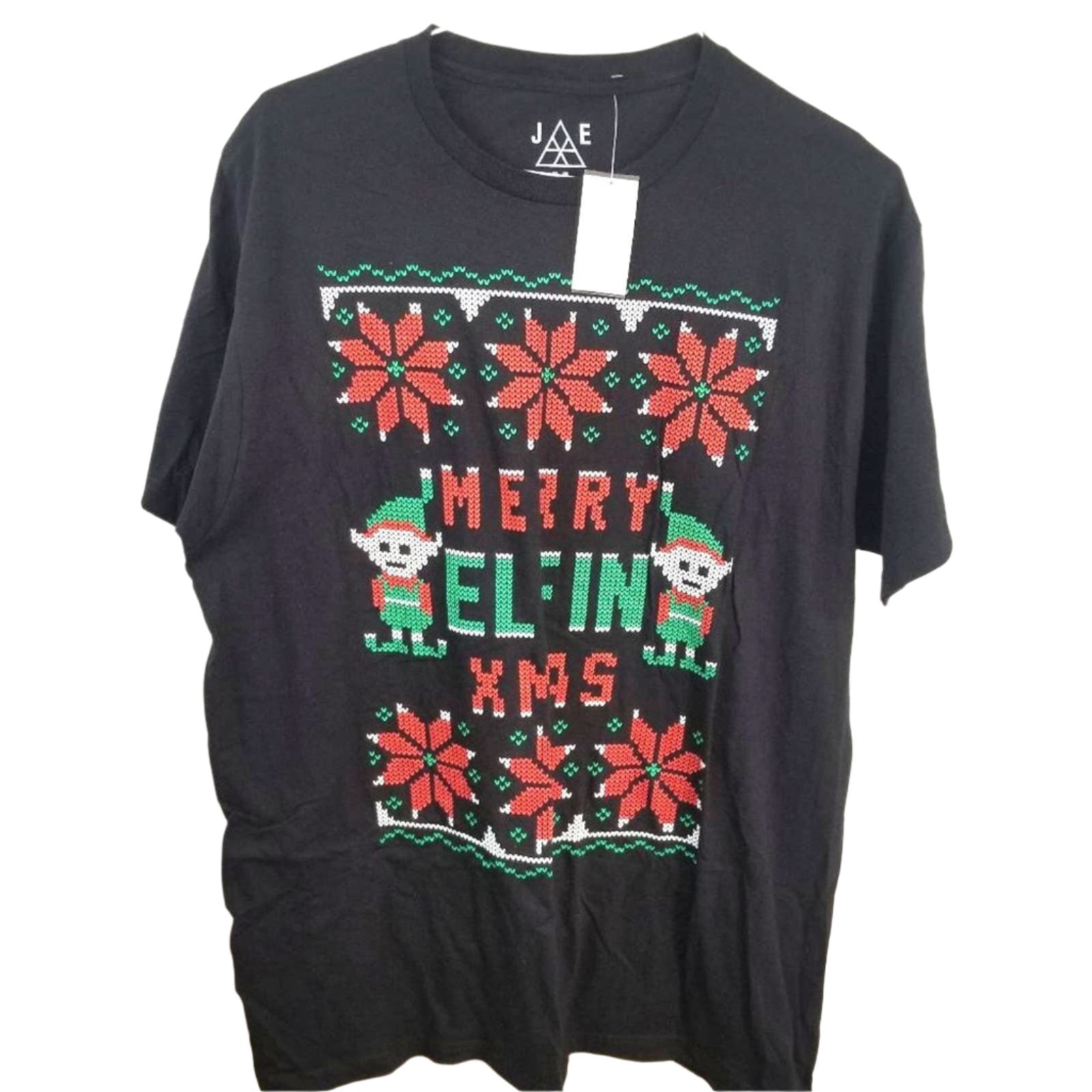 JEM Men's Black Short Sleeve Merry Elfin' Christmas Holiday Ugly T-Shirt - XL