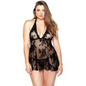 Curves Plus Size Stretch Lace Chemise & G-String Set 2XL Black