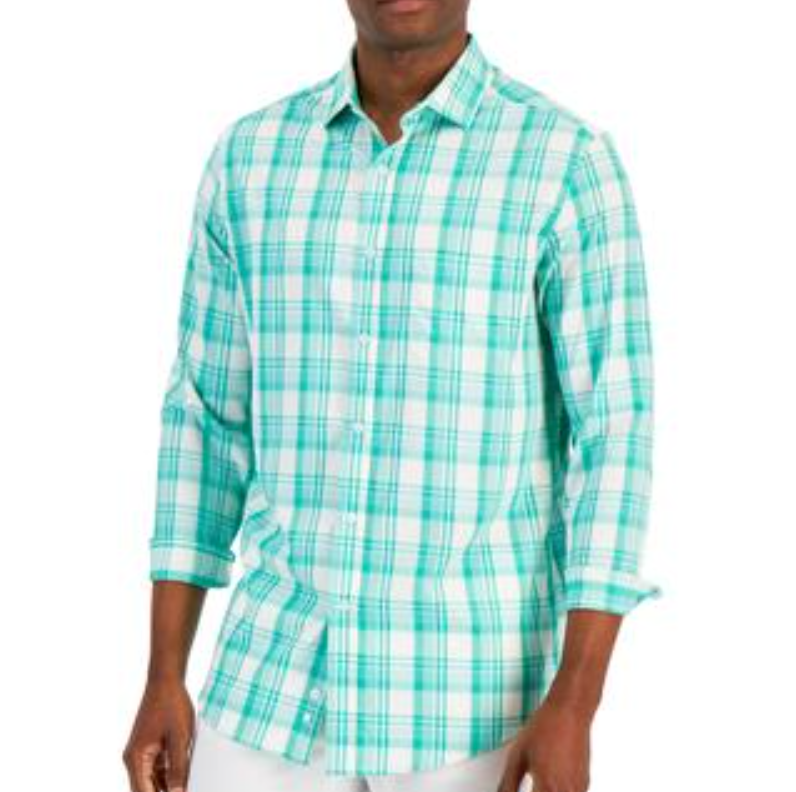 Club Room Men's Regular Fit Button Down Plaid Shirt, Green - XL