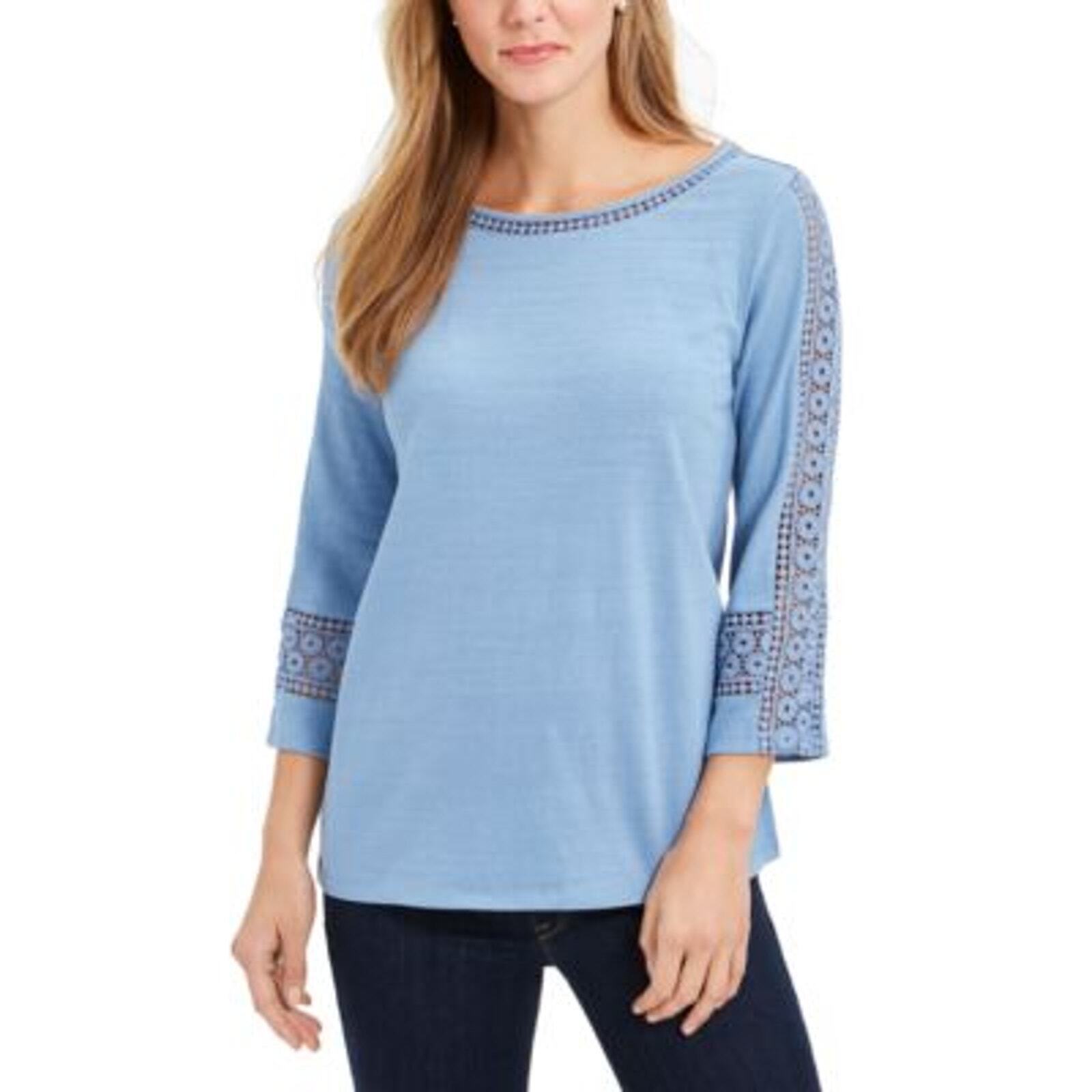 Charter Club Women's 3/4 Crochet Sleeve Boat Neck Pullover Top - Size Small