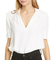 Joie Women’s Classic Short Sleeve Silk Blouse – White, V-Neck Tunic Top