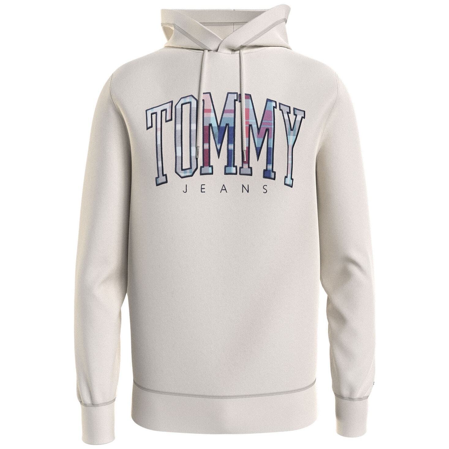 Tommy Hilfiger Men's Tartan Hoodie with Colorful Font, Cream - Medium